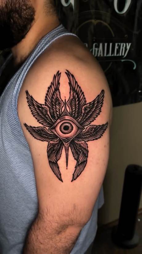 Black and grey winged eye shoulder piece. Tattoo by a Thorn and Oath artist.
